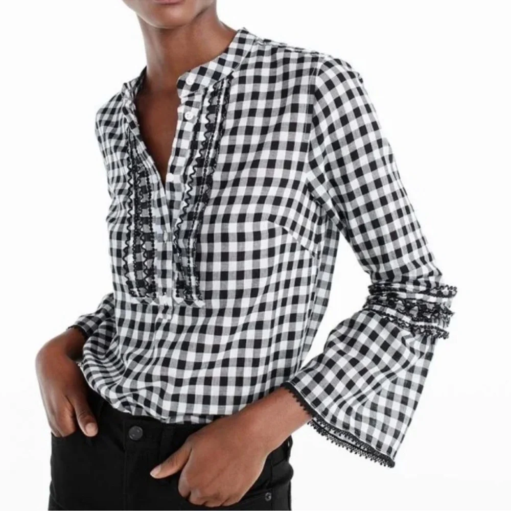 J.Crew Embroidered Black and White Bell-Sleeve Gingham Top